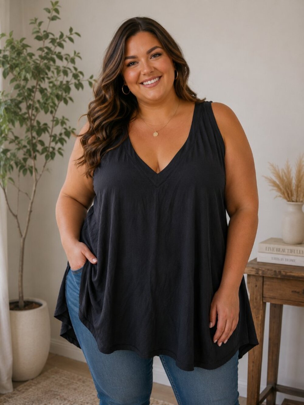Lane Bryant Plus Size 26/28 Black Sleeveless V Neck Swing Tunic Tank Top 4X